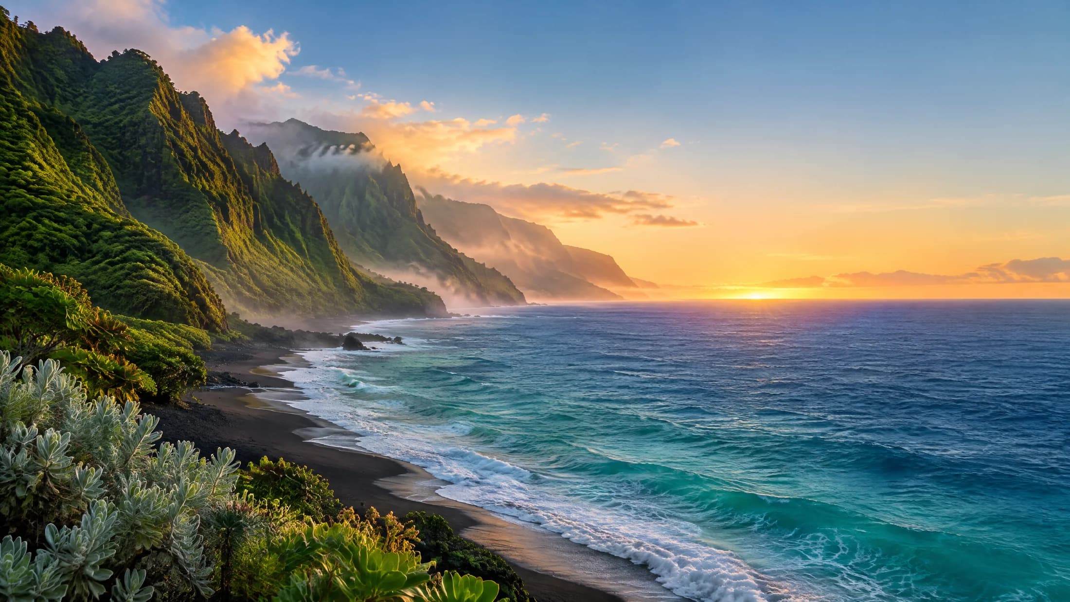 Conceptual dawn over Hawaiian cliffs and the Pacific