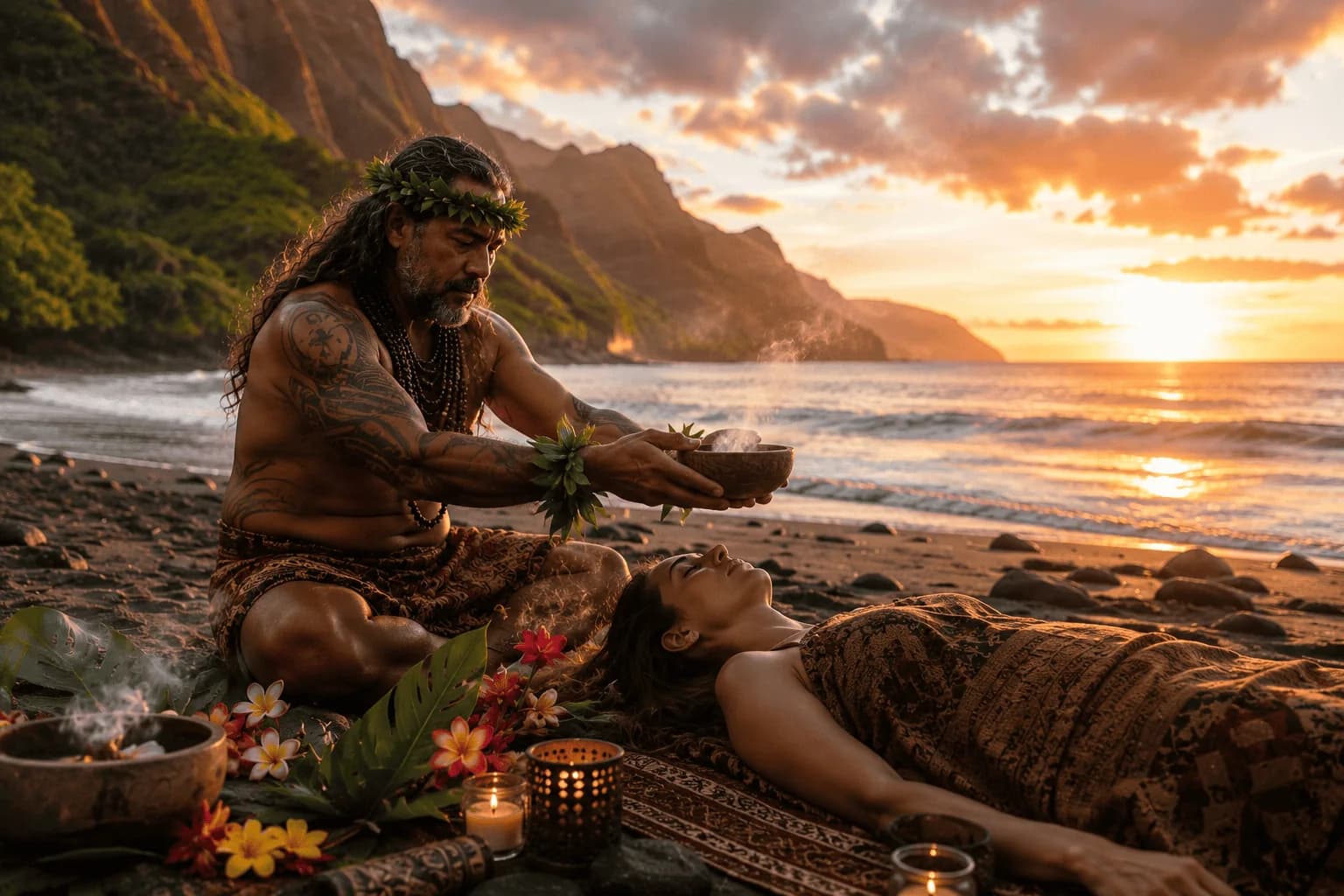 Conceptual sunset scene on a Hawaiian beach with two people and ceremonial objects