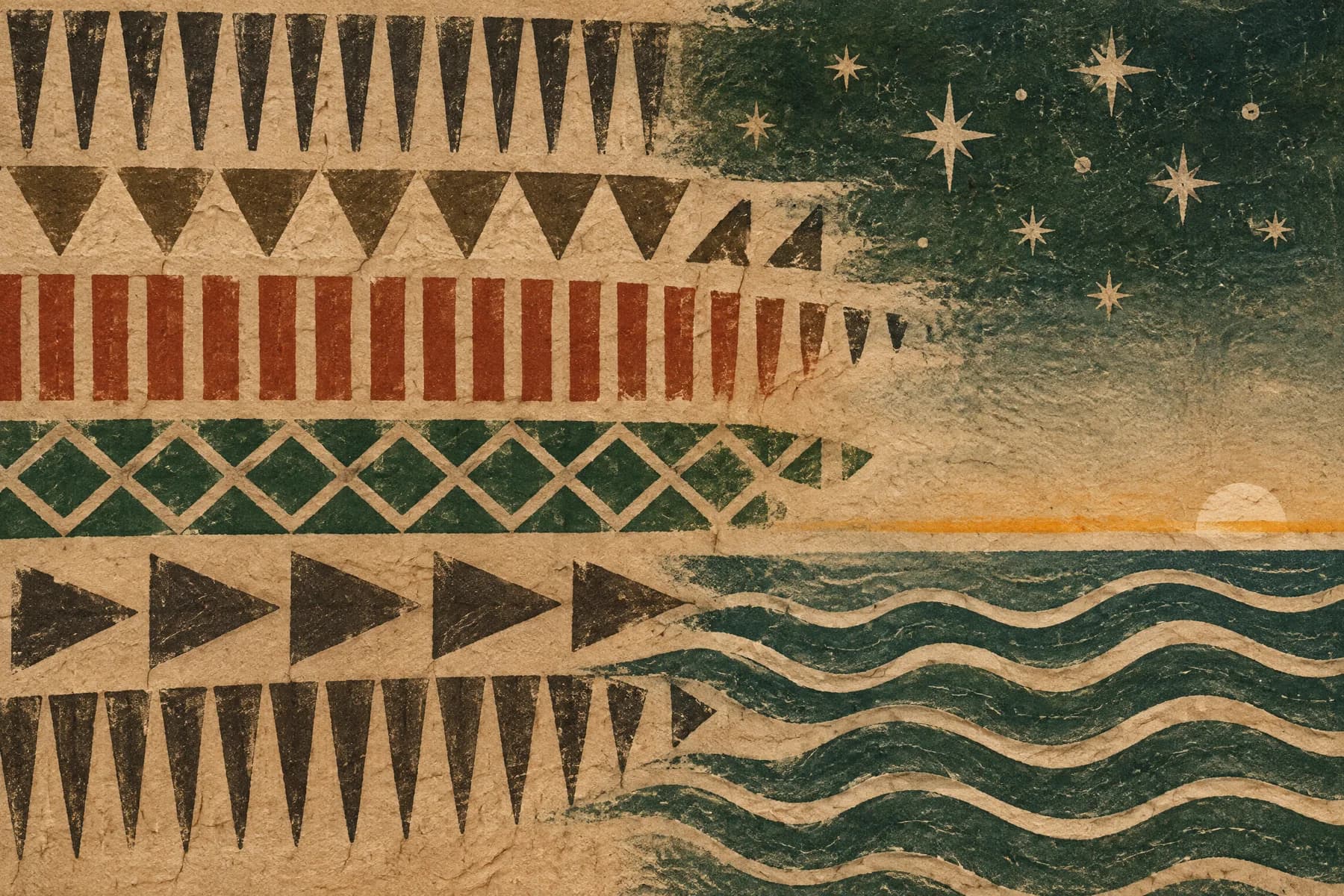 Contemporary abstract kapa-inspired geometric bands moving into stars, ocean, and dawn