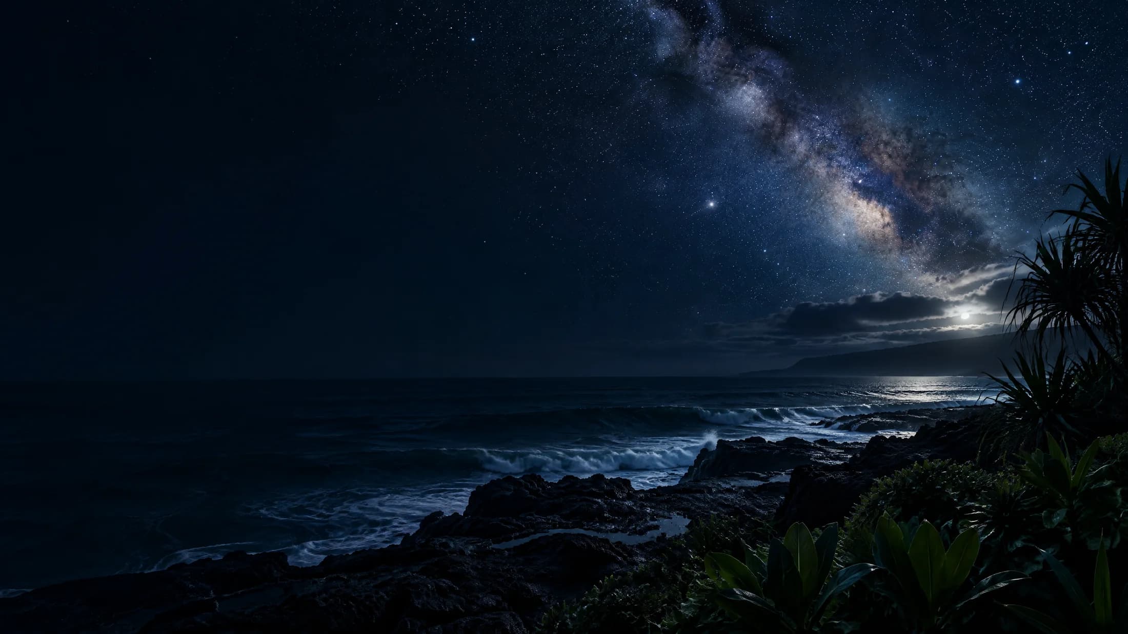 Conceptual Hawaiian volcanic coast under moonlight and a field of stars