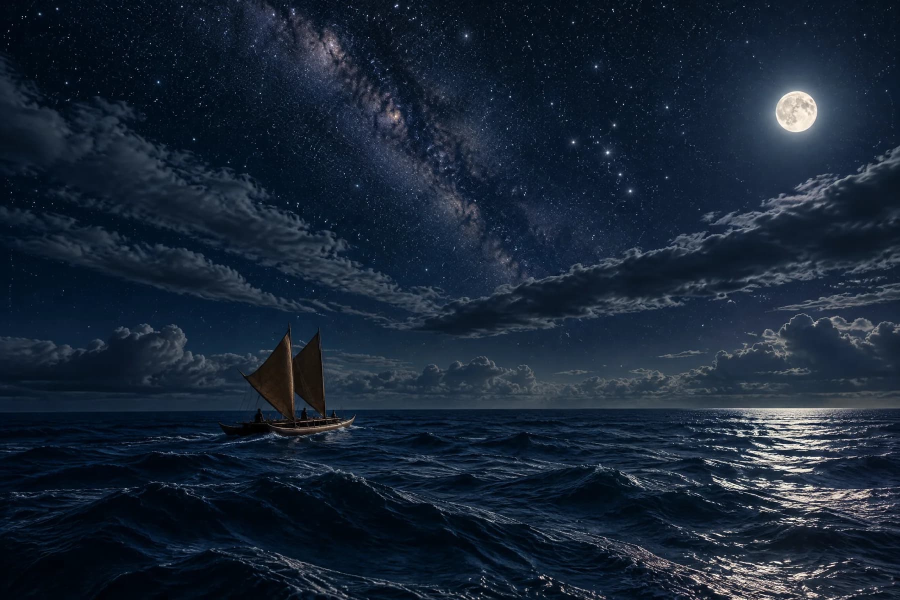 Conceptual Polynesian voyaging canoe beneath moon and stars on the Pacific